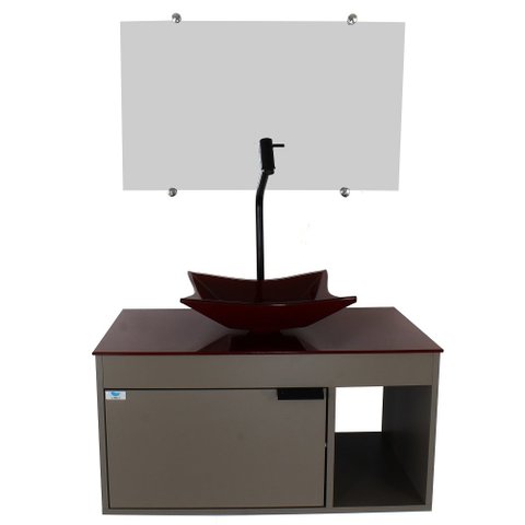 Gabinete Armário Banheiro 60cm Cuba Quadrada Vermelha