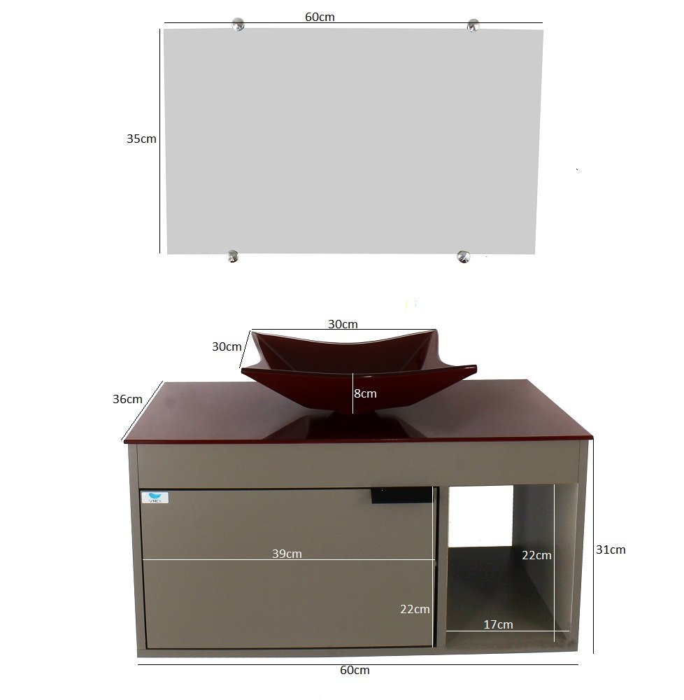 Gabinete Armário Banheiro 60cm Cuba Quadrada Vermelha - 5