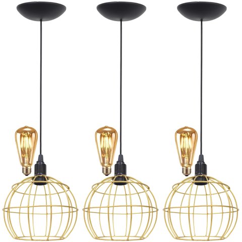 3 Pendentes Aramado Teto Globo Luminária Lustre Retrô Balcão + Lâmpada Led ST64 Vintage Dourado