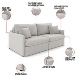 Sofá Retrátil Reclinável 4 Lugares 254cm Maili Veludo Cinza K01 - D'rossi - 3