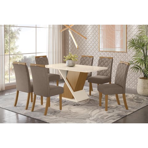 Mesa de Jantar Solus 160 C. Vidro 6 Cad. Bella Amendoa - Henn
