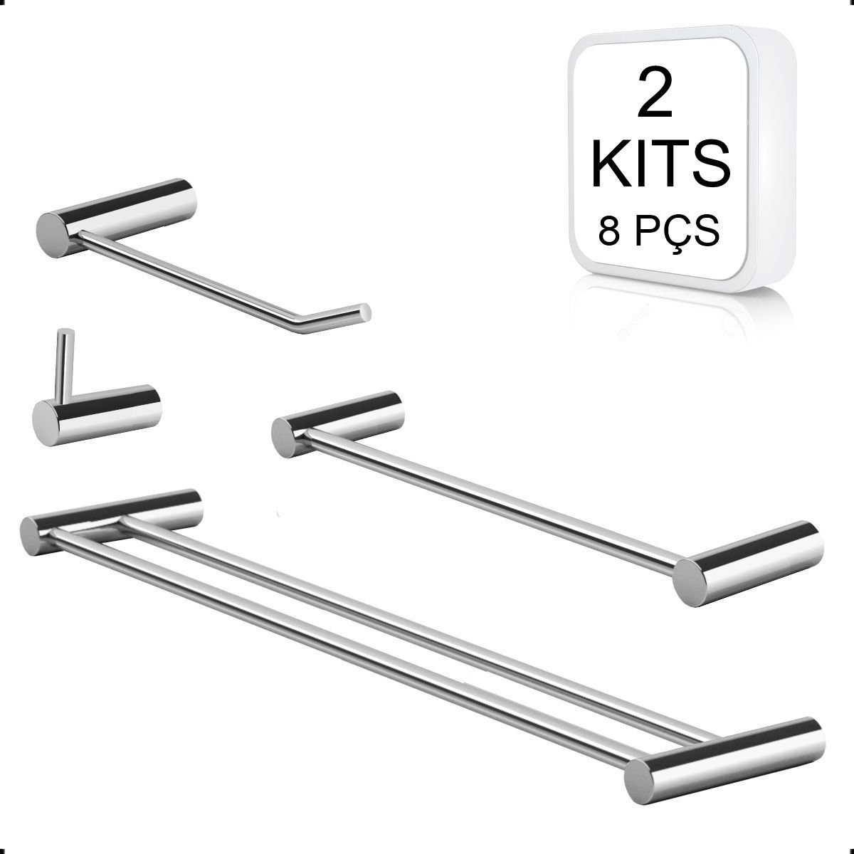 Kit de Acessórios de Banheiro Duplo 2 Kits (8 Peças) Grego Metal Suporte Redondo Alto Brilho Orion