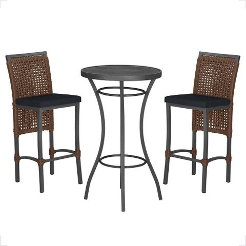 Mesa Bistro e 2 Banquetas Roma Preta Corda Náutica 12 Trama Original