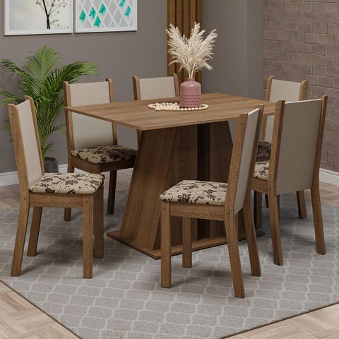 Conjunto Sala de Jantar Mesa Tampo de Madeira 6 Cadeiras Rustic/bege Marrom Wendy Madesa