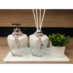 Kit Jogo Para Banheiro Porta Sabonete Prata Difusor Vaso Suculenta - 1
