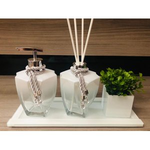 Kit Jogo Para Banheiro Porta Sabonete Prata Difusor Vaso Suculenta