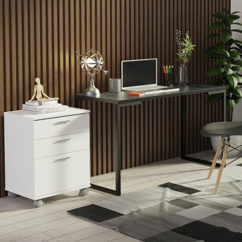 Conjunto Escritório Home Office com Mesa Industrial + Gaveteiro Branco/preto Madesa