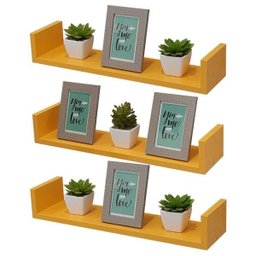 Kit 3 Prateleiras U 100 x 15cm Amarela Suporte Invisível - 1 Kit 3 Prateleiras U 100 x 15cm Amarela Suporte Invisível - 1