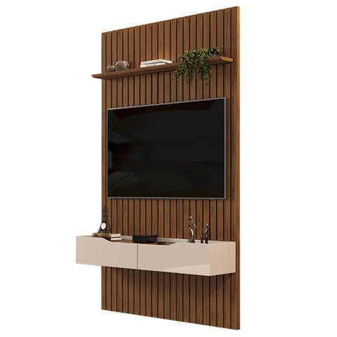 Painel para Tv 60 Pol Ripado com Bancada Suspensa 143x240cm Pratisk D04 Freijó/off White - Mpozenato