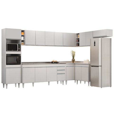 Armário de Cozinha Modulada de Canto 9 Peças CP06 Balcão com Pia Inox Branco - Lumil Lumil Móveis
