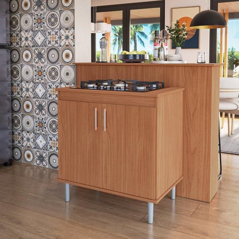 Kit Bancada Ilha para Cozinha + Balcão para Cooktop 0,80m 5 Bocas 2 Portas Turim Nature
