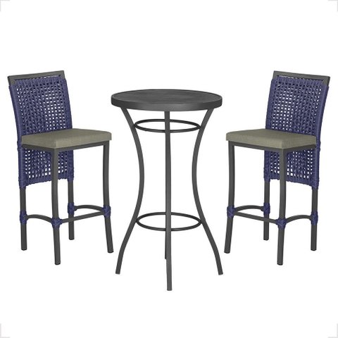 Mesa Bistrô e 2 Banquetas Roma Preta Corda Náutica Estofado 8 Trama Original
