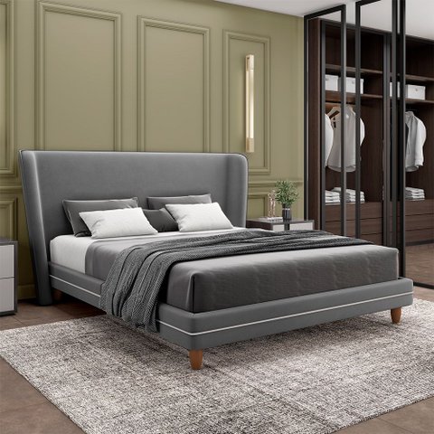 Conjunto Cama com Cabeceira Queen Torres Pés em Madeira Veludo Cinza G91 - Gran Belo