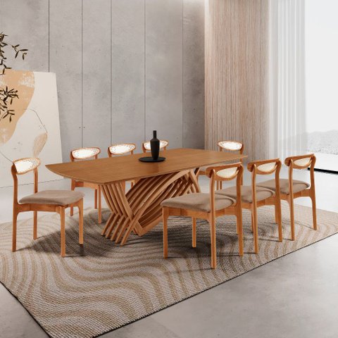 Sala de Jantar Mesa Vênus 240cm Tampo Laminado Canto Barril e 8 Cad Noronha Premium