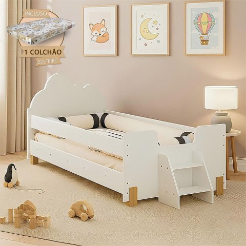 Cama Solteiro Lorena Montessoriana com Colchão Cabeceira Nuvem Escadinha Proteção Conforto - Branco