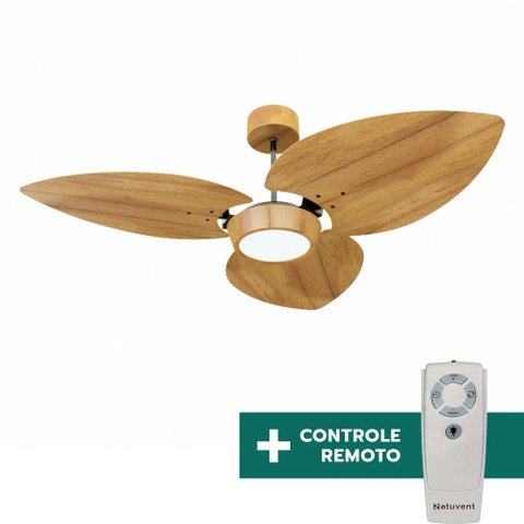 Ventilador de Teto Com Controle Remoto Natuvent Dahlia Led 3 Pás Madeira Teca 3000k Branco Quente, L
