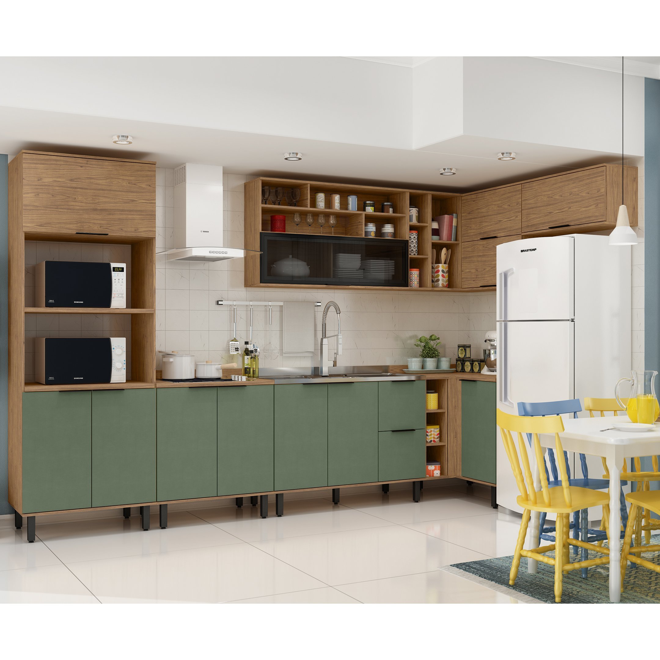 Cozinha Modulada Completa de Canto MDF 9 Peças Lombardia com Porta de Vidro - cor Freijó Jade - 9