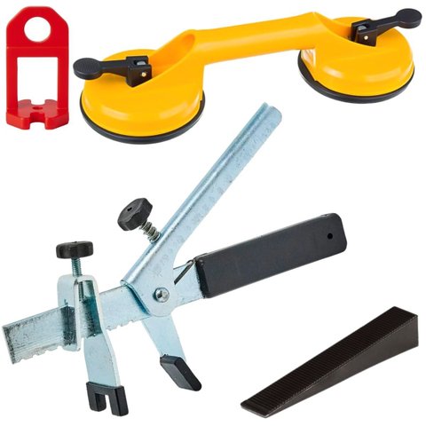 Ventosa Dupla para Vidro Mármore Metal Piso + Nivelador 100 Un + Cunha Plástica 50 Un + Alicate de a