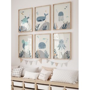 Kit 6 Quadros Decorativos Infantil Animais Fundo Oceano No1