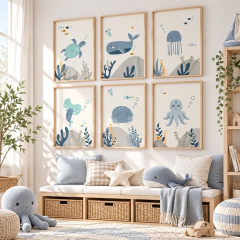 Kit 6 Quadros Decorativos Infantil Animais Fundo Oceano NO1