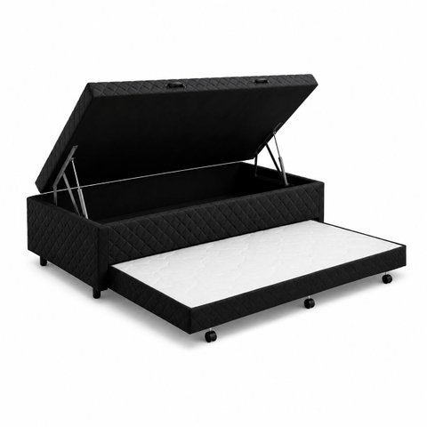 Cama Box Baú Solteiro c/ Auxiliar 88x188cm Poliester Preto