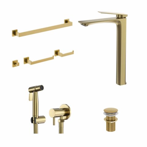 Kit Banheiro Dourado Escovado: Torneira Atenas Alta, Valvula Click, Ducha Higiênica e Acessórios 4 P