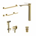 Ver imagem 1 de Kit Banheiro Dourado Escovado: Torneira Atenas Alta, Valvula Click, Ducha Higiênica e Acessórios 4 P