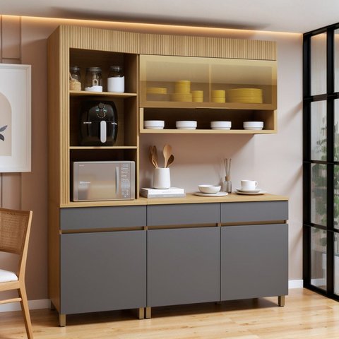 Cozinha Completa Modulada 3 Peças 4 Portas 3 Gavetas Torre Angular 100% MDF Realeza Premium Cinza/Carvalho/Titânio