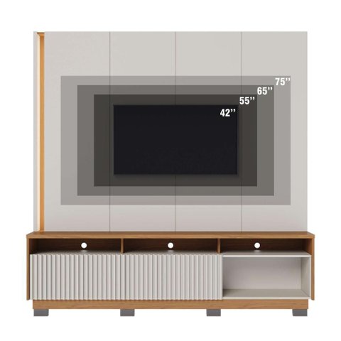 Home Theater Jordão com Painel Chanfrado c/ LED Nas Prateleiras com Pés - Off White Matte/Freijó