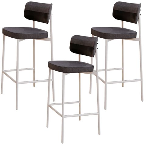 Kit 03 Banquetas Alta Bar Cozinha Sala de Jantar Aço Branco Kaira C01 Linho Preto Courino Preto - Ly