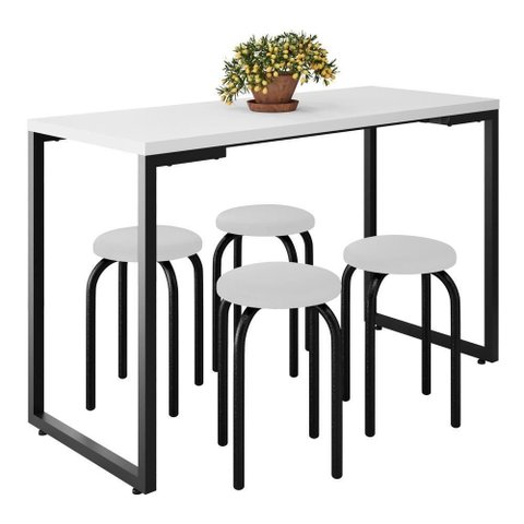 Mesa de Cozinha Bistrô Porto Branco 120cm com 4 Banquetas Industriais Maviê Branco-preto -