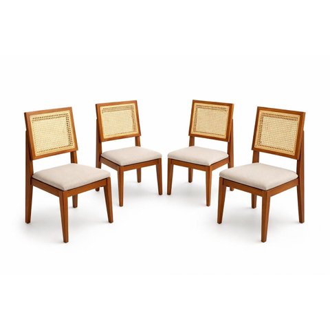 Kit 4 Cadeiras Tulipa Jantar Madeira Maciça Encosto Tela Sextavada Linho Bege Claro