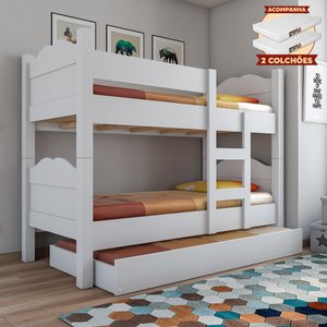 Beliche Madrid com Grades de Proteção e Cama Removível - Branco com 2 Colchões