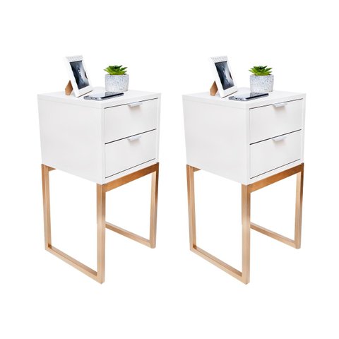 Kit 2 Mesas Cabeceira Industrial 30cm Branco Eco 2 Gavetas Base Metal Dourado Lateral Cama