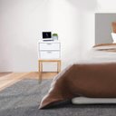 Ver imagem 5 de Kit 2 Mesas Cabeceira Industrial 30cm Branco Eco 2 Gavetas Base Metal Dourado Lateral Cama