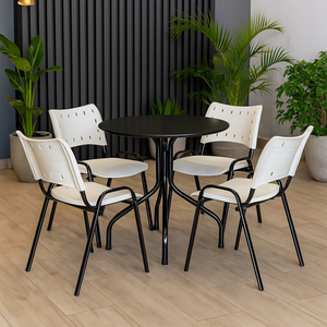 Jogo Mesa Redonda para Restaurante Comércio com 4 Cadeiras Iso Branca Base Preta Ecomhome