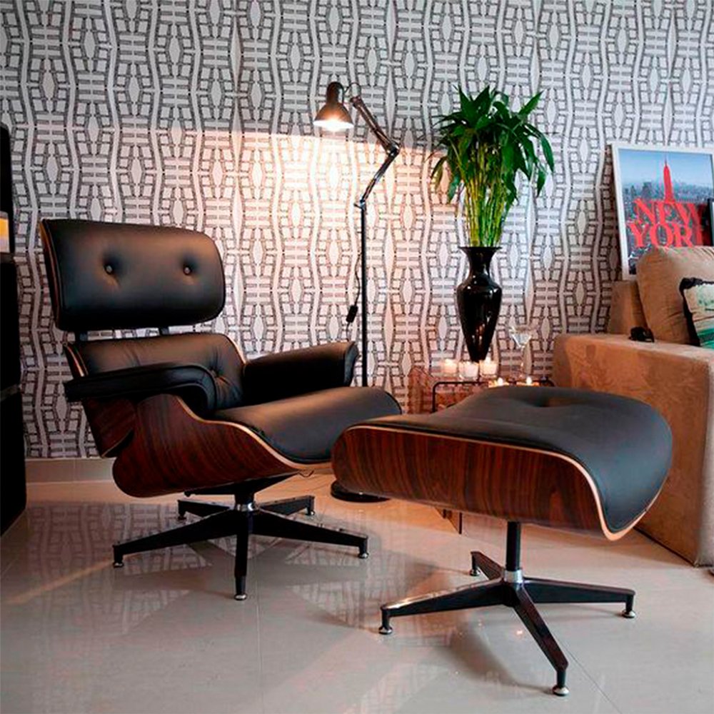 Poltrona Charles Eames com Puff Couro Legítimo Preto - 1