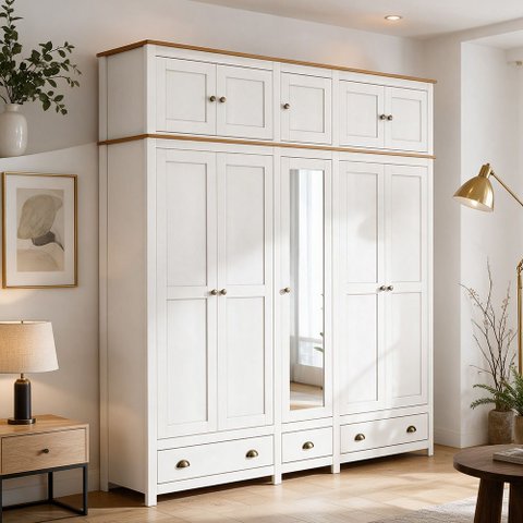 Guarda Roupa Casal 10 Portas com Espelho e Maleiro Mazzaro F06 Branco Freijó - Lyam Decor