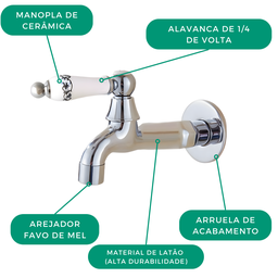 Torneira de Parede Vintage para Banheiro Lavabo Lavatorio em Metal na Cor Cromada Brilhante com Arej - 4