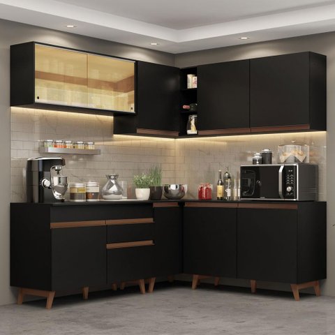 Armário de Cozinha Completa de Canto 382cm Preto Reims Madesa 01
