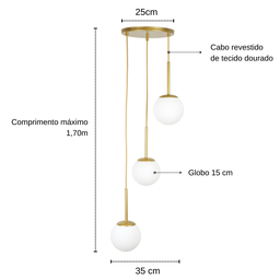 Lustre Pendente Jabuticaba Dourado 3 Globos de Vidro - 3