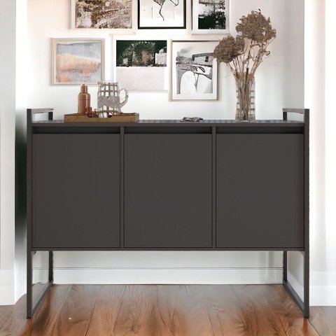 Buffet Aparador Gael Industrial 3 Portas 120cm Preto Onix Plata Móveis