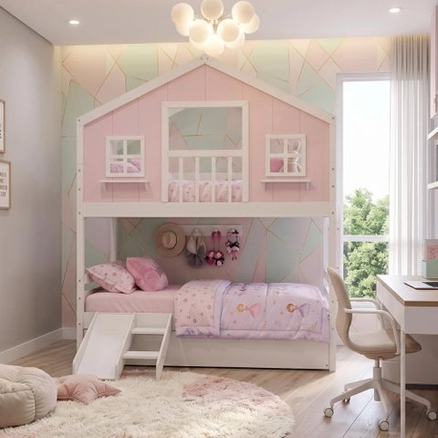 Treliche Casinha Dos Sonhos com Varanda e Kit Escorregador Madeira Maciça Rosa/ Branco Housin