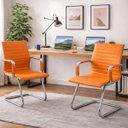 Ver imagem 5 de Kit Escritório 3 Cadeiras Esteirinha Courino — 2 Base Fixa + 1 Giratória Rodízios Caramelo