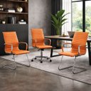 Ver imagem 3 de Kit Escritório 3 Cadeiras Esteirinha Courino — 2 Base Fixa + 1 Giratória Rodízios Caramelo