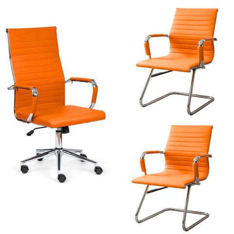 Kit Escritório 3 Cadeiras Esteirinha Courino — 2 Base Fixa + 1 Giratória Rodízios Caramelo