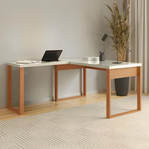 Mesa de Escritório Home Office em L Industrial 100% MDF Cor:Off White com Freijó;Profundidades:157