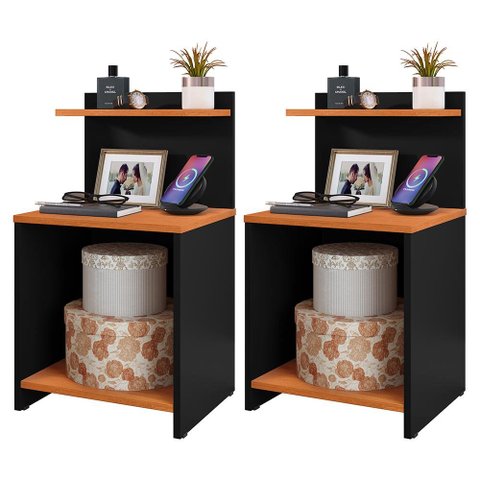 Conjunto 2 Mesinhas Lateral Cama Mesa Cabeceira Prateleira Suspensa -Preto/Cinamomo- RPM Móveis