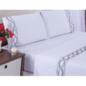Jogo Lençol Casal Queen Bordado Floral Branco com Cinza 4pçs 400 Fios
