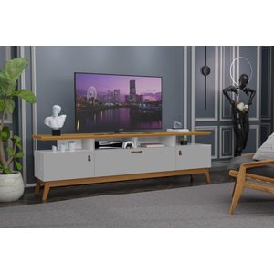 Rack ABS 1.80m Estilo Retrô Com Pés em Madeira e Puxadores em Couro Para TV Até 70'' 3 Portas Cor Na